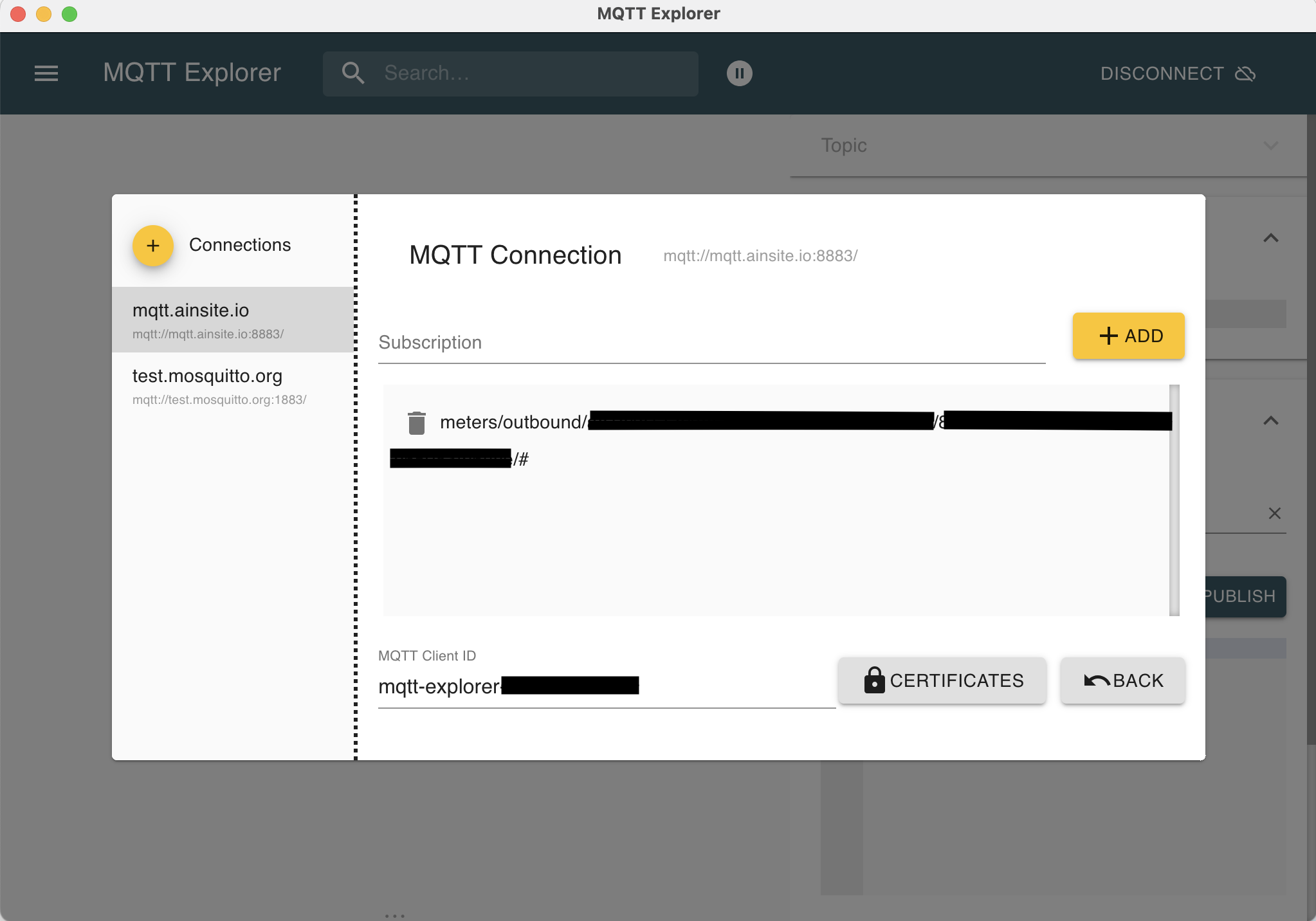 Example of setting up subscription in MQTT Explorer